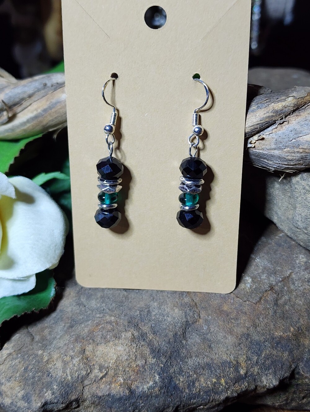 Dangle Drop Earrings with Silver Toned Accents and Green & Black Glass Beads